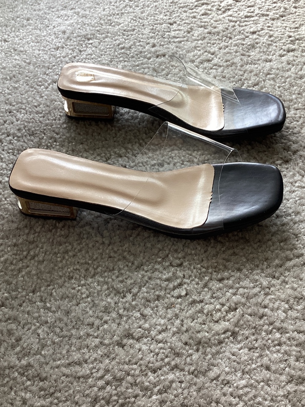 Clear Strap Black Square-Toe Block Heel Sandal